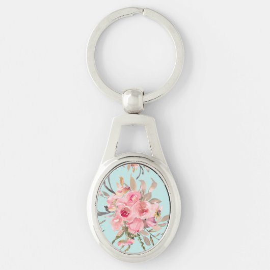 Porte-clés Fleurs rose pâle sur bleu clair (Devant)
