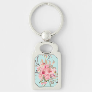 Porte-clés Fleurs rose pâle sur bleu clair