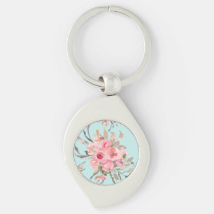 Porte-clés Fleurs rose pâle sur bleu clair
