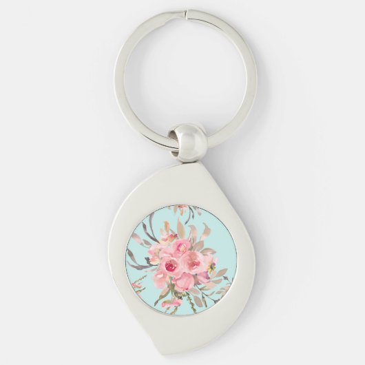 Porte-clés Fleurs rose pâle sur bleu clair (Devant)