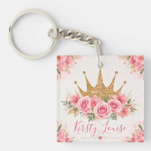 Porte-clés Fleurs roses à l'aquarelle et diadème doré