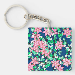 Porte-clés Fleurs roses, arrière - plan bleu foncé