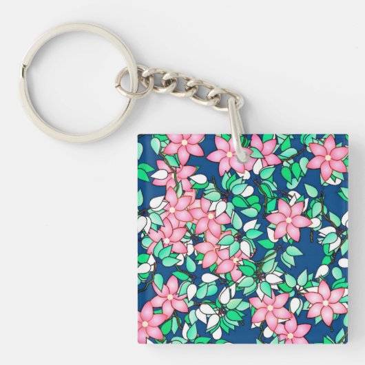 Porte-clés Fleurs roses, arrière - plan bleu foncé (Devant)