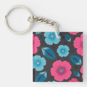 Porte-clés Fleurs roses et bleues sur Arrière - plan foncé