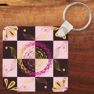 Porte-clés Fleurs roses et noires, Damier mystique