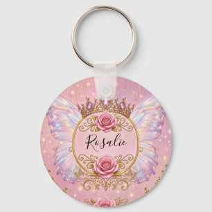 Porte-clés Fleurs roses et or Papillon Princesse Fée