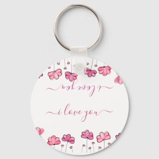 Porte-clés Fleurs roses modernes, je vous aime (Recto)