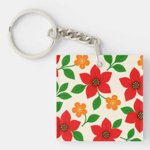 Porte-clés Fleurs rouges et orange avec feuilles vertes