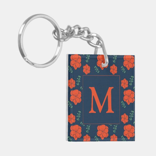 Porte-clés Fleurs rouges Motif Monogramme bleu foncé (Devant gauche)