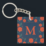 Porte-clés Fleurs rouges Motif Monogramme bleu foncé<br><div class="desc">Motif floral rouge et bleu mignon sur porte - clé personnalisé.</div>