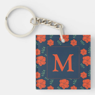 Porte-clés Fleurs rouges Motif Monogramme bleu foncé