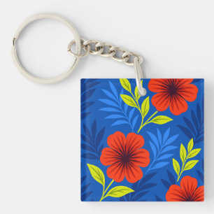 Porte-clés Fleurs rouges vermillon audacieuses avec des feuil
