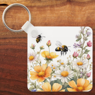 Porte-clés Fleurs sauvages et Abeilles de miel Aquarelle