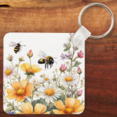 Porte-clés Fleurs sauvages et Abeilles de miel Aquarelle (Verso)