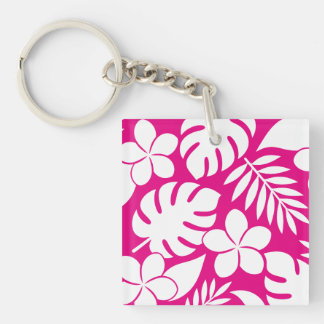 Porte-clés Fleurs tropicales blanches sur fond rose vif