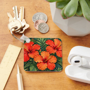 Porte-clés Fleurs tropicales de jungle d'hibiscus orange luxu