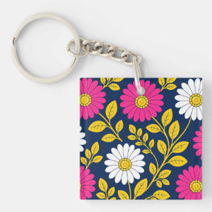 Porte-clés Fleurs Vibrantes avec Marguerites et Feuilles Doré