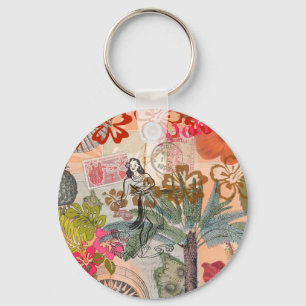 Porte-clés Fleurs Vintage Hula Coloré Hawaïen Tropical 