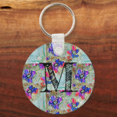 Porte-clés Fleurs violettes et bleues Carrés Zigzags (Recto)