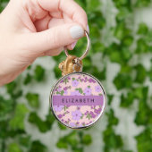 Porte-clés Fleurs Violettes, Motif De Fleurs, Votre Nom (Main)