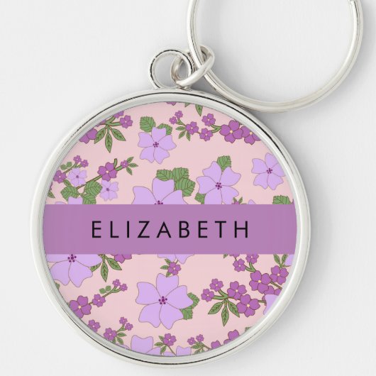 Porte-clés Fleurs Violettes, Motif De Fleurs, Votre Nom (Devant)