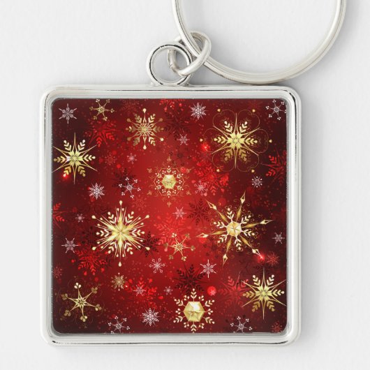 Porte-clés Flocons de neige dorés de Noël sur fond rouge (Devant)