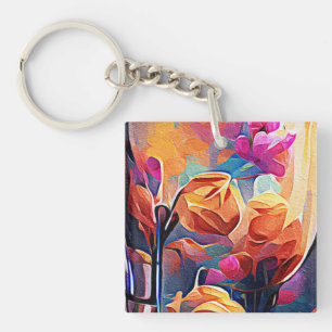 Porte-clés Floral Abstract Art Orange Red Blue Flowers