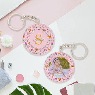 Porte-clés Floral Bee & Fleurs Motif Monogramme rose