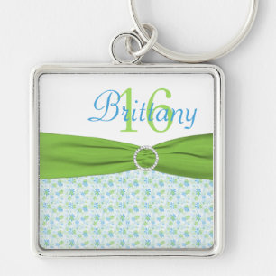 Porte-clés Floral bleu et vert 16 Porte - clé avec nom