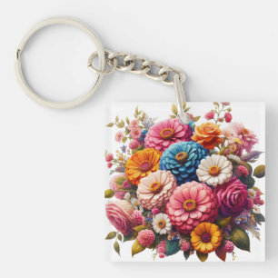 Porte-clés Floral coloré/Zinnia printanière/Rose