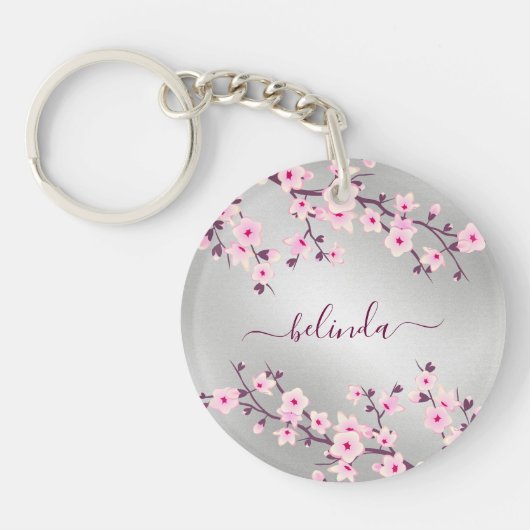 Porte-clés Floral Fleurs de cerisiers Monogramme rose argent (Devant)