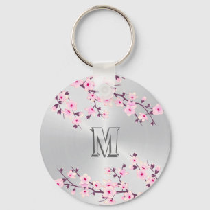 Porte-clés Floral Fleurs de cerisiers Monogramme rose argent