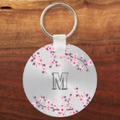 Porte-clés Floral Fleurs de cerisiers Monogramme rose argent (Recto)