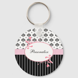 Porte-clés Floral rose chic de damassé noire et blanche avec