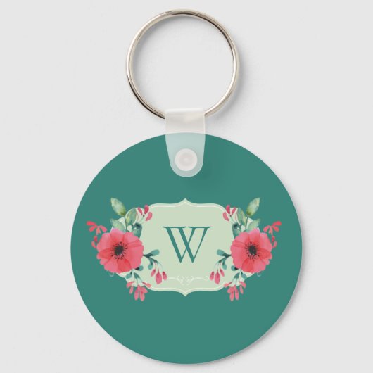 Porte-clés floral sarcelle avec fleurs roses (Recto)