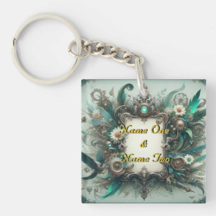 Porte-clés Floral Steampunk Mariage vert et argent