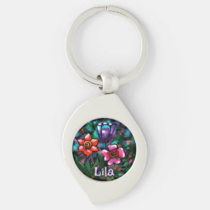 Porte-clés Floral Whimsal violet rose bleu Personnalisé