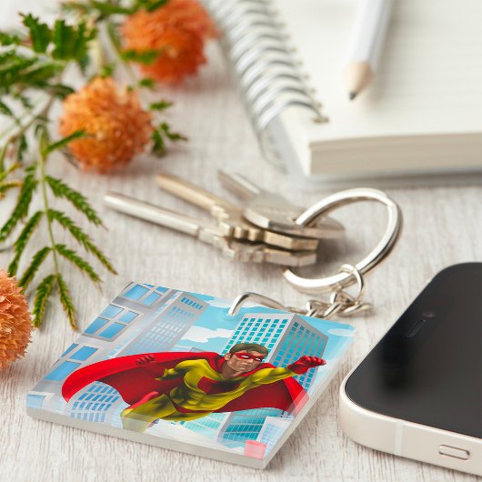 Porte-clés Flying Superhero Comic Style rouge et jaune héros