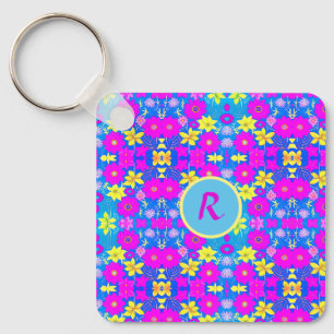 Porte-clés Fond à motif de fleurs rose bleu jaune ajouter nom