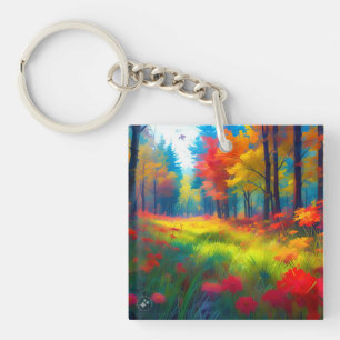 Porte-clés Forêt aux arbres colorés et fleurs-47560