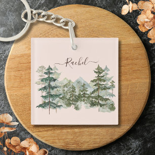 Porte-clés Forêt de pins et montagne rustique à l'aquarelle