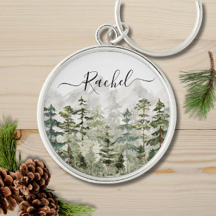 Porte-clés Forêt de pins verte sur montagne à l'aquarelle Mon