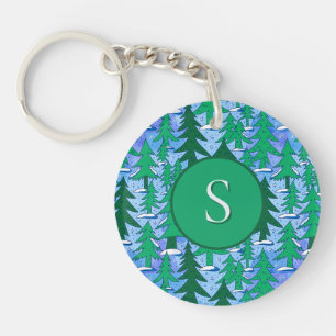 Porte-clés Forêt de sapins hivernale d'art naïf vert bleu