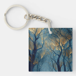 Porte-clés Forêt hivernale enchantée aux arbres dorés lumineu