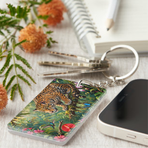 Porte-clés Forêt tropicale de jaguar Colibris Papillons Fleur