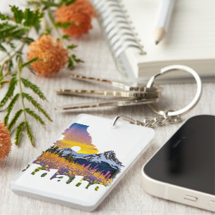 Porte-clés Forme de l'Idaho avec montagne et fleurs sauvages