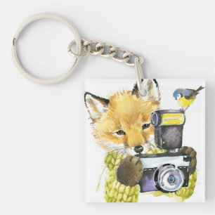 Porte-clés Fox mignon d'aquarelle prenant des photos
