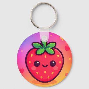 Porte-clés Fraise Kawaii souriante sur Pastel Gradient Backg