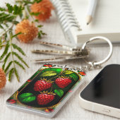 Porte-clés Framboises rouges et feuillage vert (Devant droit)
