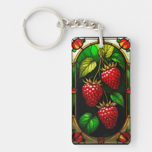 Porte-clés Framboises rouges et feuillage vert (Devant)